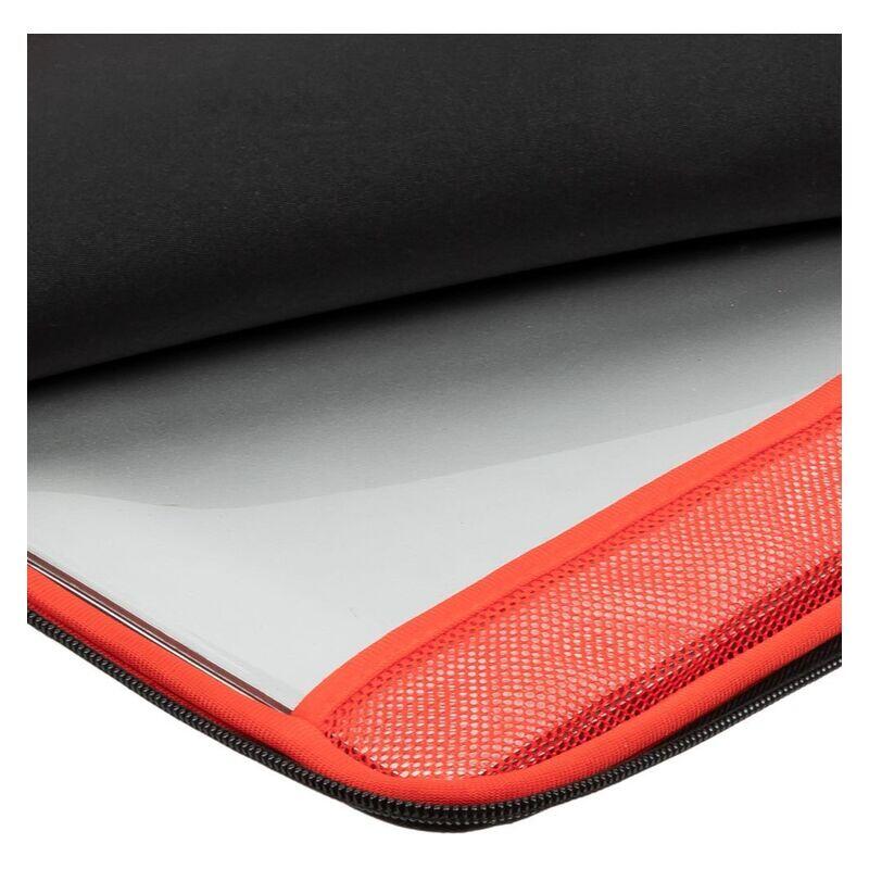Close-up of a laptop sleeve with a black exterior, clear protective cover, and bright orange mesh zipper trim.