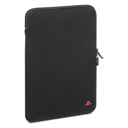A black neoprene laptop sleeve with a small red logo near the bottom right corner, shown on a plain white background.