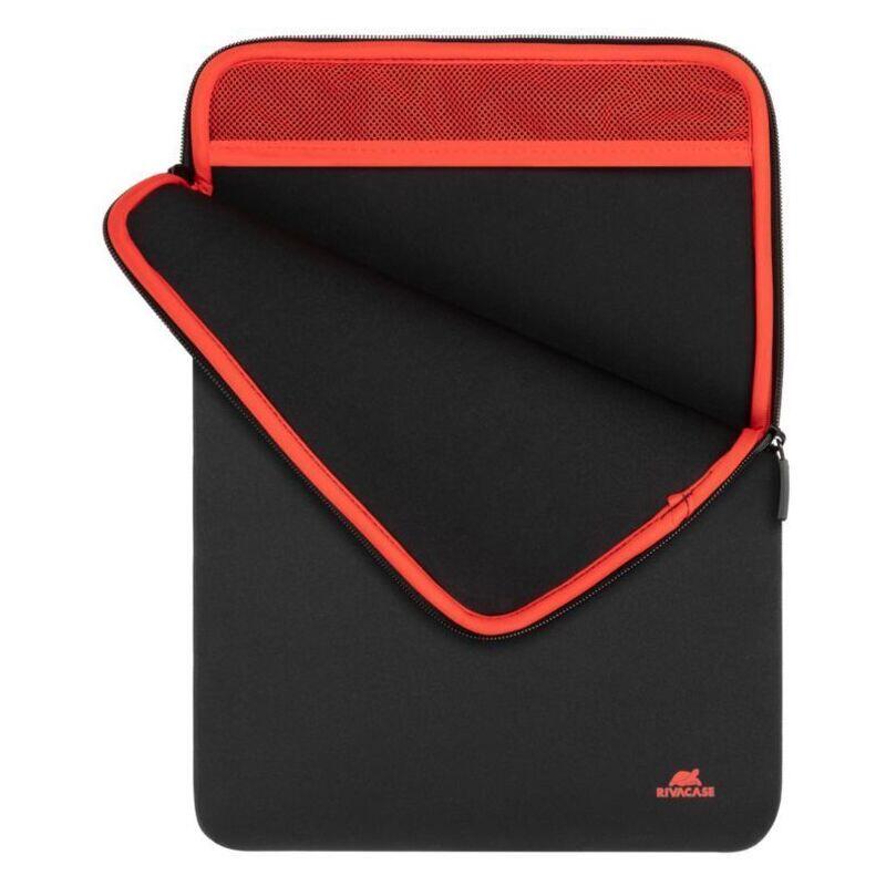 A black neoprene laptop sleeve with bright red trim and a red mesh pocket at the top, shown open on a plain white background. A small red ENCAR logo is visible near the bottom right corner.