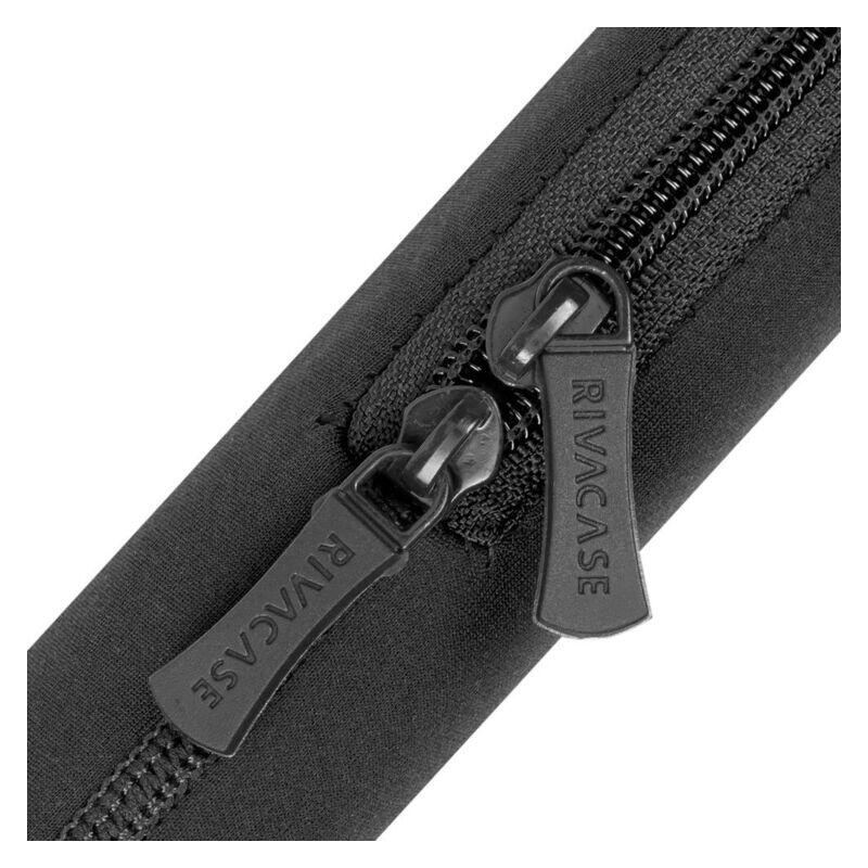 Close-up of a black zippered case with dual black metal and plastic zippers, featuring embossed RIVACASE branding on the zipper pulls against a white background.