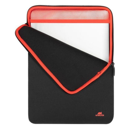 A black neoprene laptop sleeve with bright orange-red trim, shown open with a white tablet inside. The brand name is printed in orange on the bottom right corner.