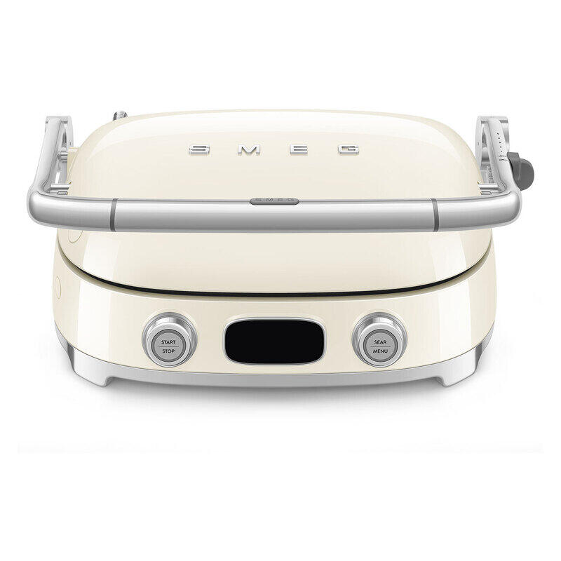Cream-colored SMEG electric grill with a glossy finish, featuring a silver metal handle, two silver control buttons on the front, and the SMEG logo on the lid.