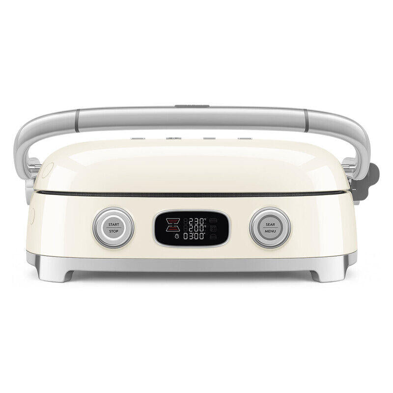 Cream-colored electric multi grill with a silver handle and silver control buttons, shown on a white background.