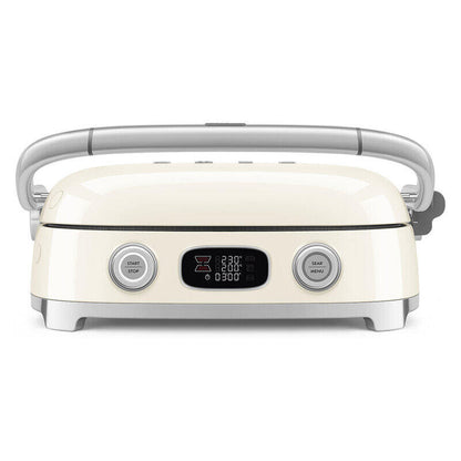 Cream-colored electric multi grill with a silver handle and silver control buttons, shown on a white background.
