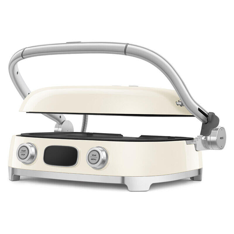 A cream-colored electric grill with a silver handle and base, shown open on a solid white background. The grill features two control knobs on the front, a black griddle surface, and a digital display screen.