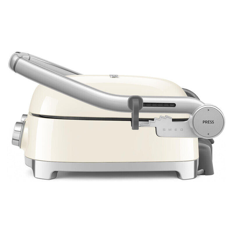 Smeo electric sandwich press grill in cream and silver, featuring a curved handle, round dial, and 'PRESS' button on a clean white background.