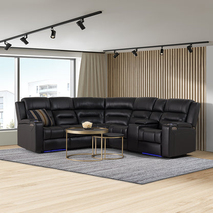 Spielberg 6 Seater Corner Leather Recliner Lounge - Black