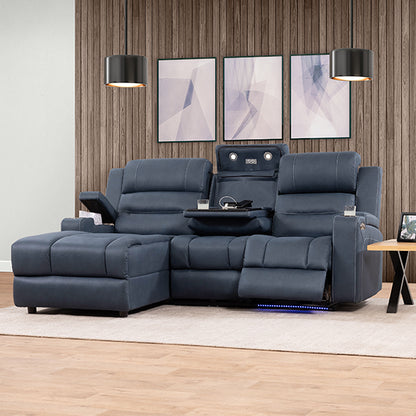 Spielberg 3 Seater Home Theatre Fabric Sofa with Electric Recliner and LHF Chaise - Azure