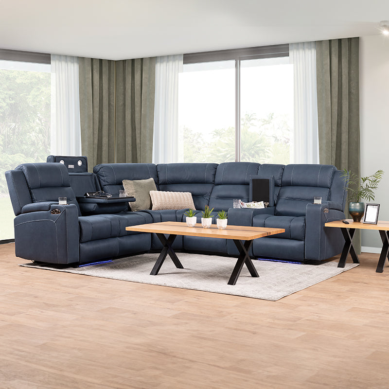 Spielberg 6 Seater Home Theatre Corner Fabric Recliner Lounge - Azure