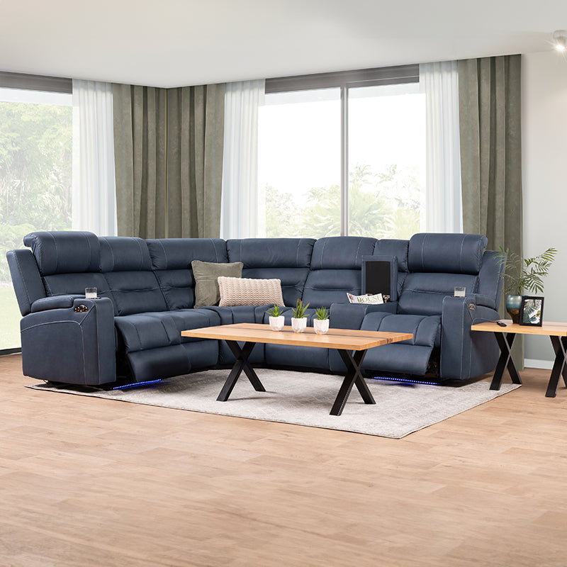 Spielberg 6 Seater Home Theatre Corner Fabric Recliner Lounge - Azure