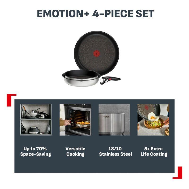 Tefal Ingenio Emotion+ 4pc Induction Non-Stick Frypan Set - Stainless Steel