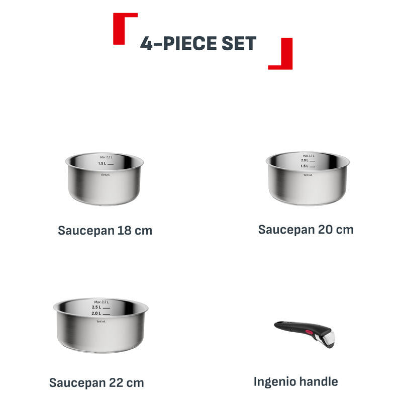 Tefal Ingenio Emotion+ 4pc Induction Uncoated Pot Set - Stainless Steel