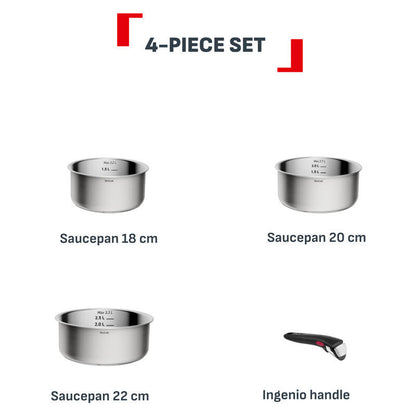 Tefal Ingenio Emotion+ 4pc Induction Uncoated Pot Set - Stainless Steel