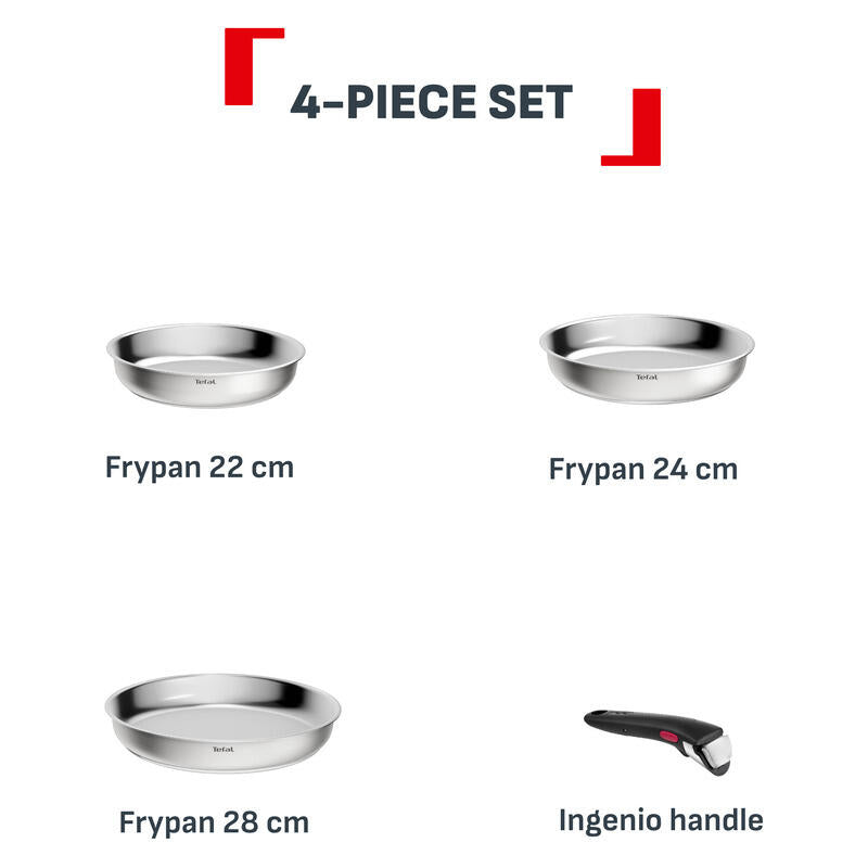 Tefal Ingenio Emotion+ 4pc Induction Uncoated Frypan Set - Stainless Steel