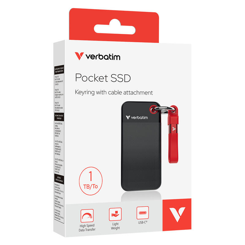 Verbatim 1TB Pocket Sized SSD Portable Hard Drive - USB-C 3.2 Gen 2 - Black/Red
