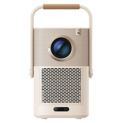 A Yaber portable projector with a beige and cream color scheme, featuring a built-in handle, a textured front grille, and a prominent projection lens, shown against a plain white background.
