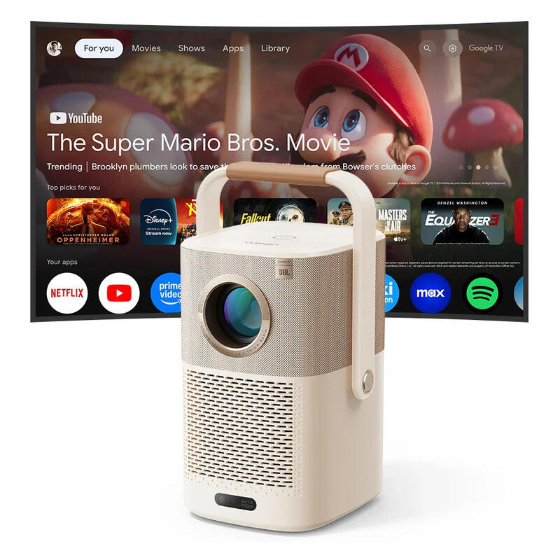 A portable projector in the foreground with a beige body and light wood handle, shown in front of a large TV screen displaying Netflix and Google TV content.