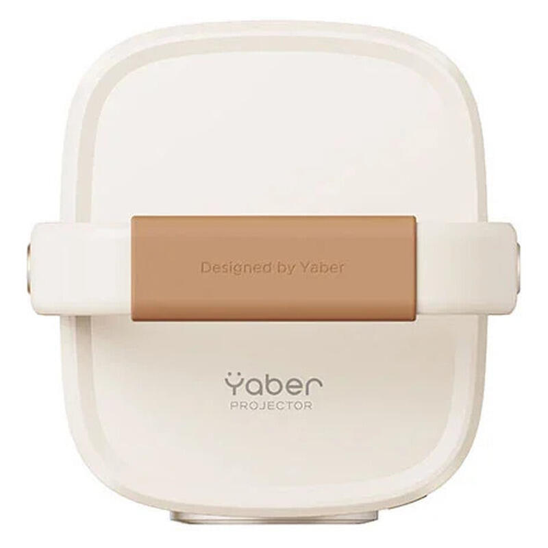 A Yaber Projector compact device in a warm off-white color with a tan accent band across the middle, featuring the Yaber logo and 'Designed by Yaber' text.