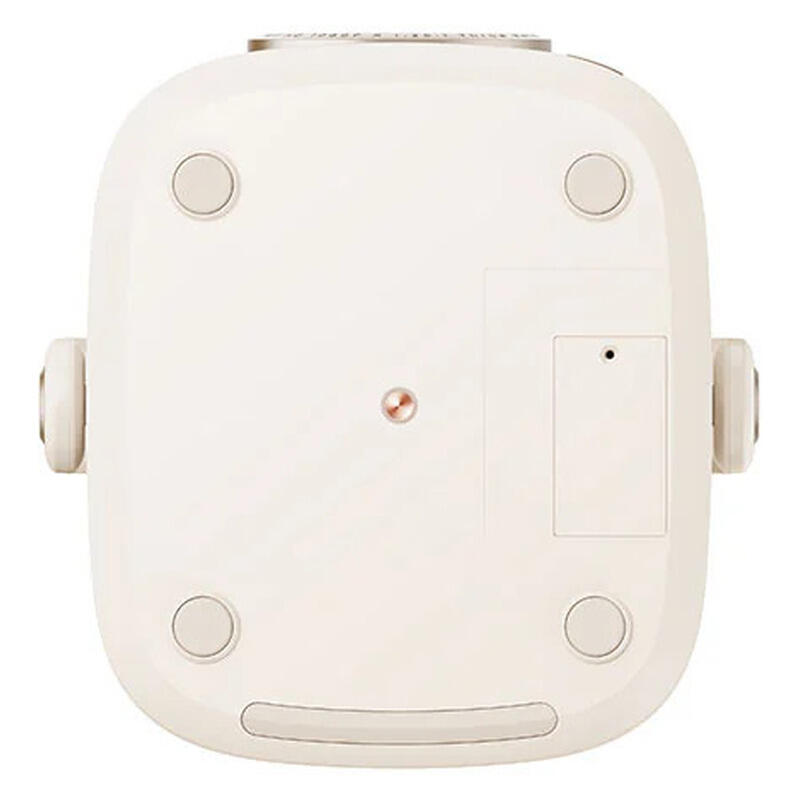 The underside of a square, off-white robotic vacuum cleaner, showing its feet, suction ports, and a small central sensor on a solid white background.
