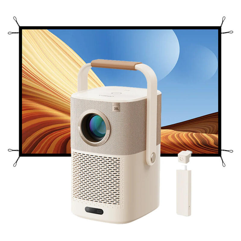 A portable projector shown with a hanging screen and a small remote control on a white background. The projector is cream-colored with a textured front panel, a light wood-look handle, and a blue-and-orange desert scene displayed on the screen behind it.