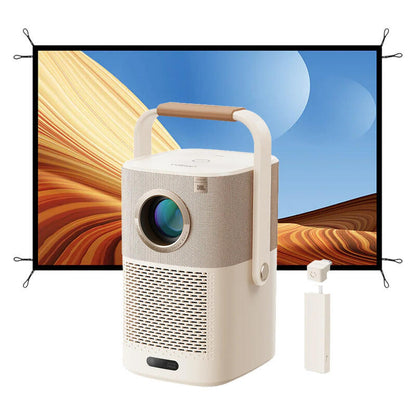 A portable projector shown with a hanging screen and a small remote control on a white background. The projector is cream-colored with a textured front panel, a light wood-look handle, and a blue-and-orange desert scene displayed on the screen behind it.