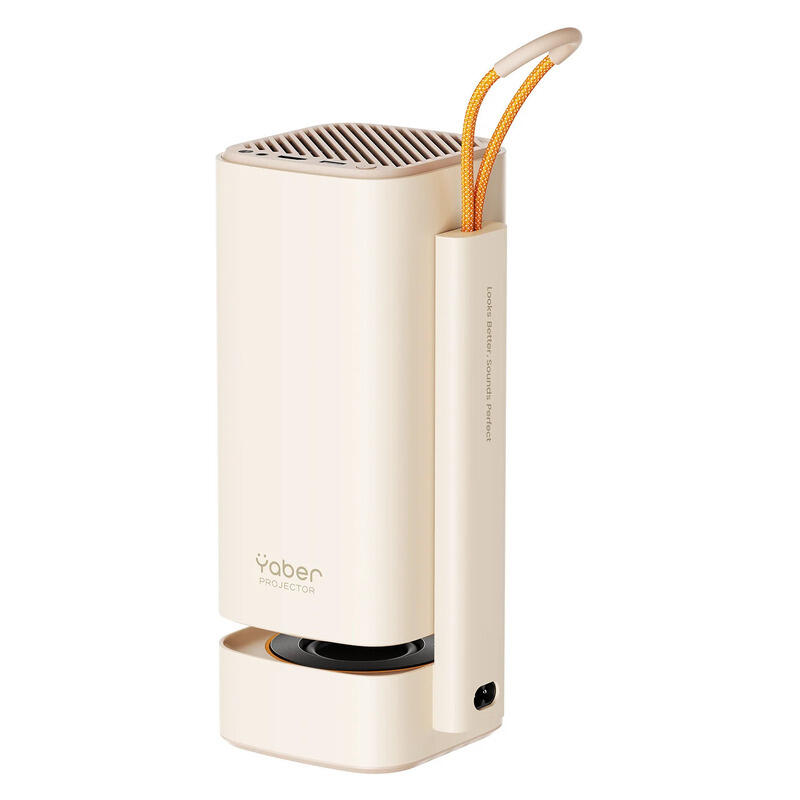 A Yaber Projector portable projector in a cream-colored cylindrical design, featuring a yellow cord loop on top and a black circular lens opening at the base, set against a plain white background.