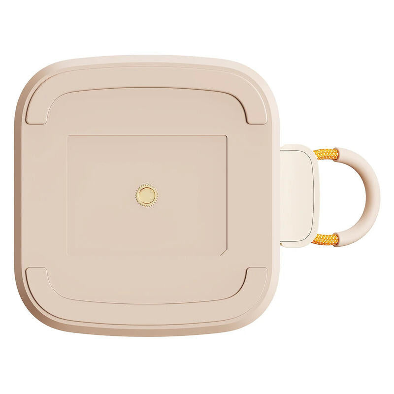 A beige projector shown from the bottom point of view, shown on a clean white background.