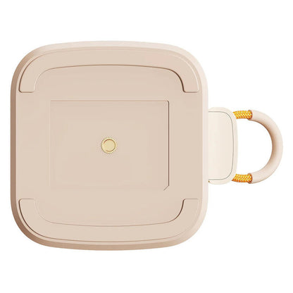 A beige projector shown from the bottom point of view, shown on a clean white background.