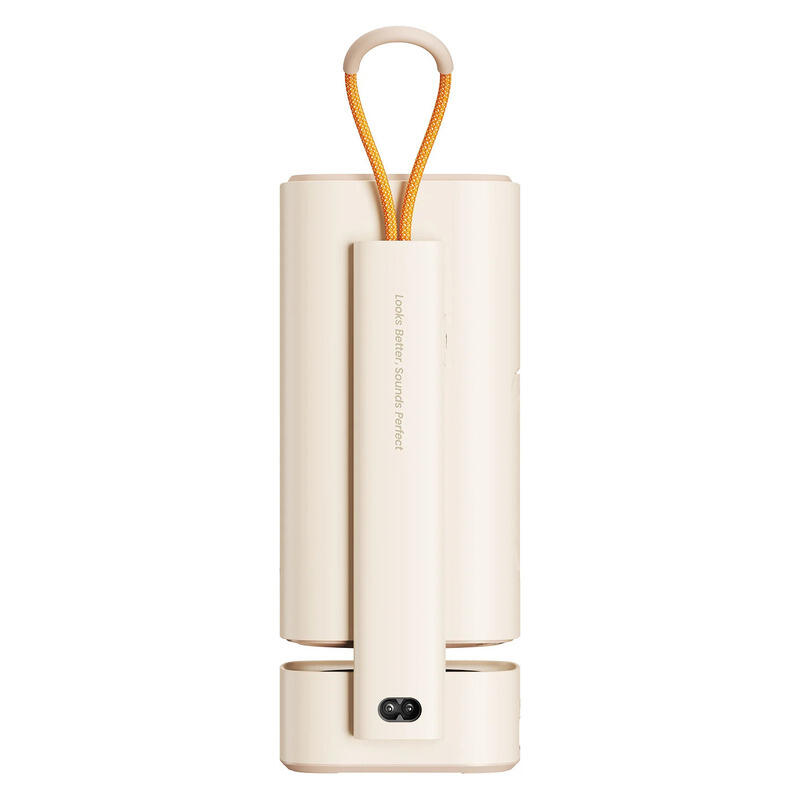 rear view of a Yaber portable projector that is cream in colour on a white background.